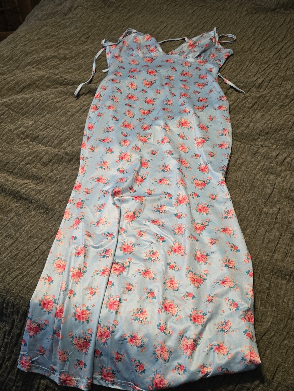Pink Rose Light Blue Floral Maxi Slip Dress with Pink Roses